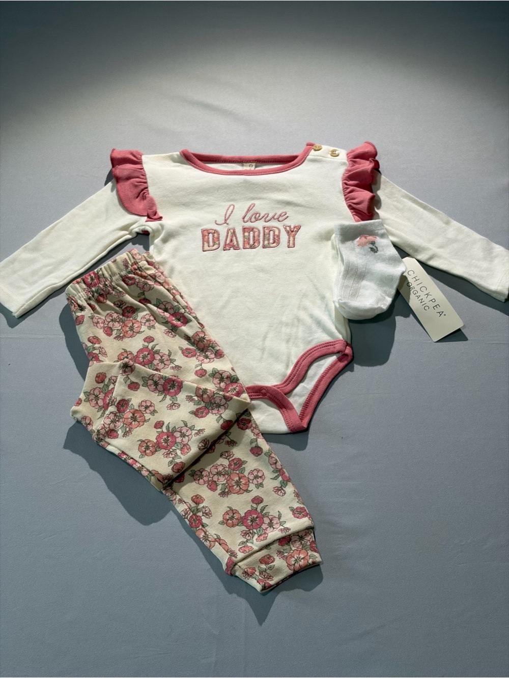 chick pea Cream & Pink 'I Love Daddy' Ruffle Bodysuit with Floral Pants